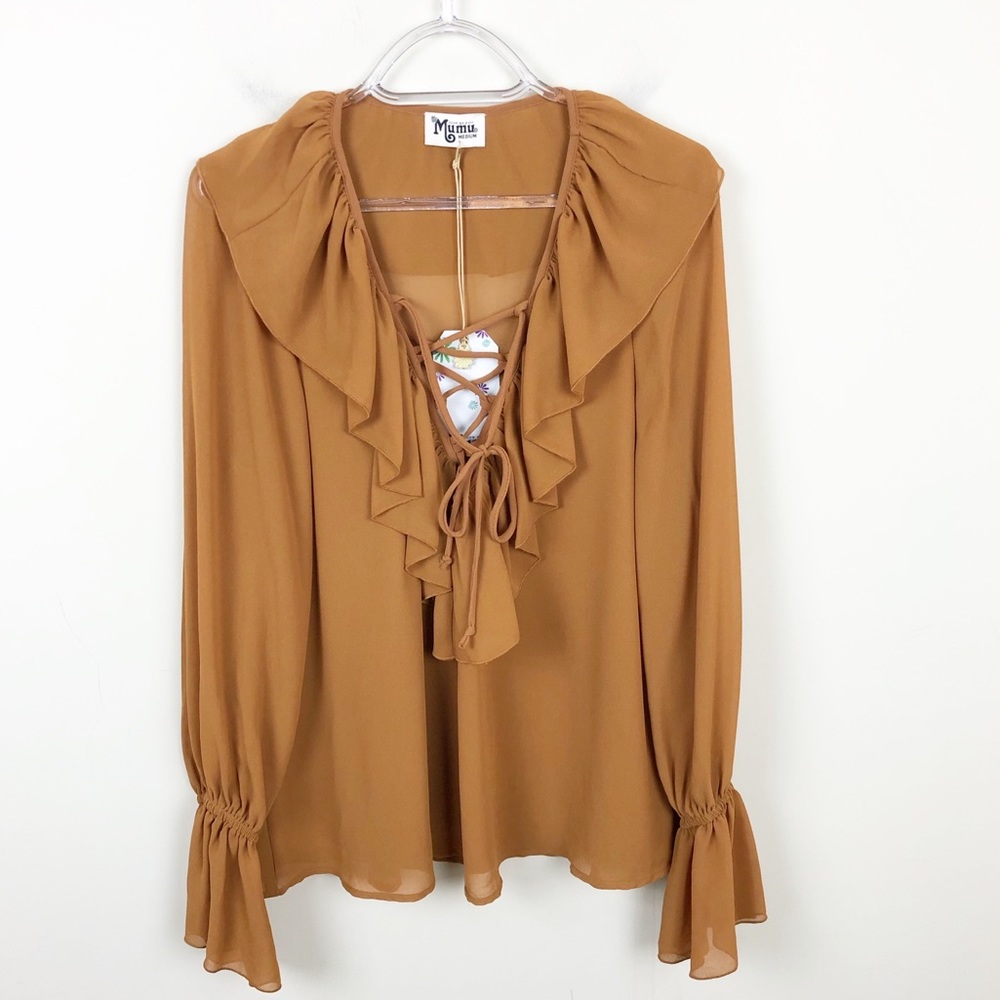 SMYM Elton Chiffon Boho Lace Up Top Chestnut Brown